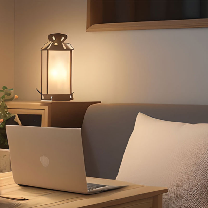 Sanft beleuchteter Raum mit Laptop und Kerzenlicht – Symbol für das Online-Trauercafé als geschützter Ort für Austausch, Erinnerung und spirituelle Begleitung.